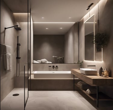 a bathroom with a large tub and a large mirror