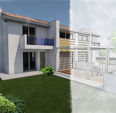 an after and before image of virtual rendering of a construction