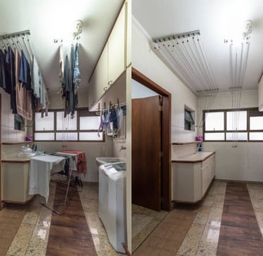 a before and after picture of a laundry room clutter/debris removal