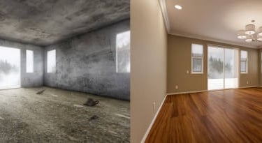 a before and after picture of a room a=then finished construction