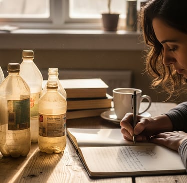woman taking notes on table are old plastic bottles