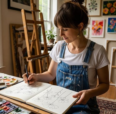 women in art studio drawing simple flowers