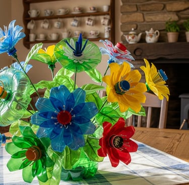 display of plastic recycled flowers