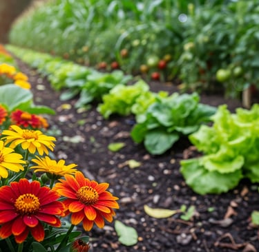close up of flowers in vegetable garden