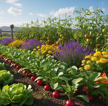 vegetable garden flowers next to growing vegetables