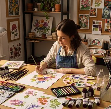 woman painting flowers with paints and brushes on desk