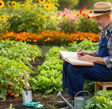 man taking notes in his veggie patch