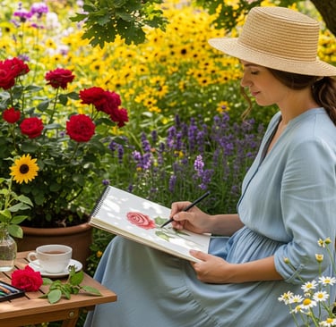 woman sat in garden drawing red roses
