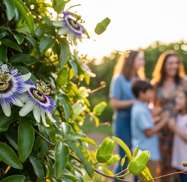 passion flowers growing with happy family in background