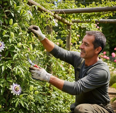 man trimming vines of passion flowers