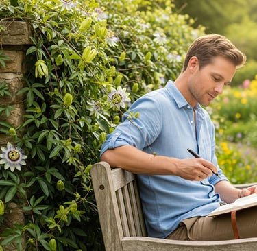 man sat on bench writing with passion flower vines growing