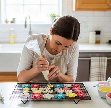 woman making royal icing flowers