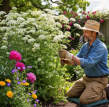gardener caring for bishop lace flowers 