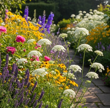 bishop lace and other flowers growing in garden