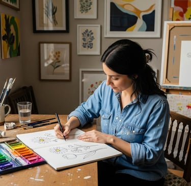 woman in art studio drawing simple flowers
