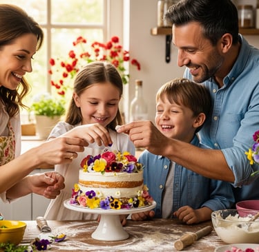 happy family decorating a cake with fresh flowers