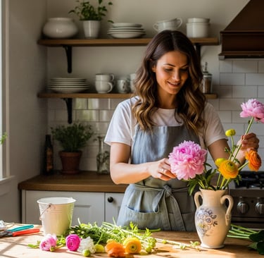 woman preparing fresh flowers for cake