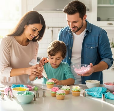 parents teach child how to pipe icing flowers