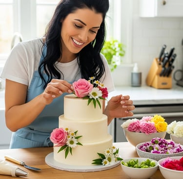 woman decorating a cake with fresh flowers