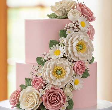 beautiful pink cake with royal icing flowers