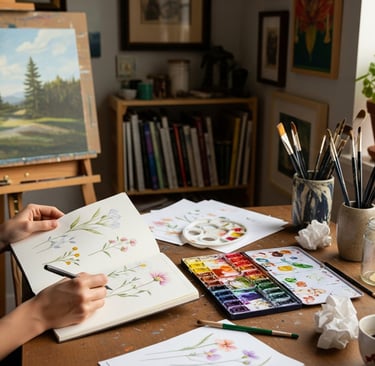 woman drawing flower art in sketchbook