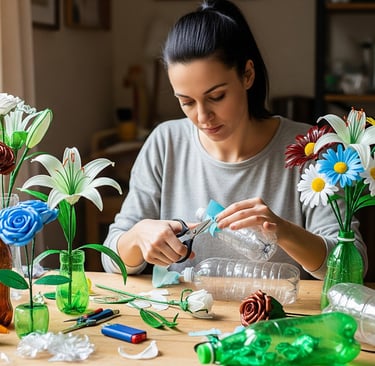 woman recycling plastic bottle as floral art