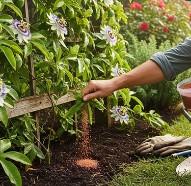 man kneeling and caring for his passion flowers