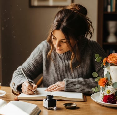 woman taking notes on table is cake with fresh flowers