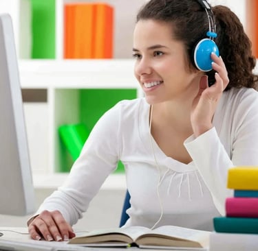 a woman in headphones and headphones is sitting at a desk