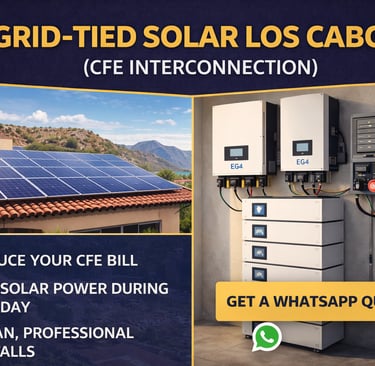 Grid-tied solar in Los Cabos showing rooftop solar panels and CFE interconnection equipment with EG4 inverter and 