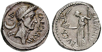 Julio César. Febrero-marzo 44 a. C. AR Denario (3,95 gm). L. Emilio Buca, prestamista. CÉSAR IM P M,