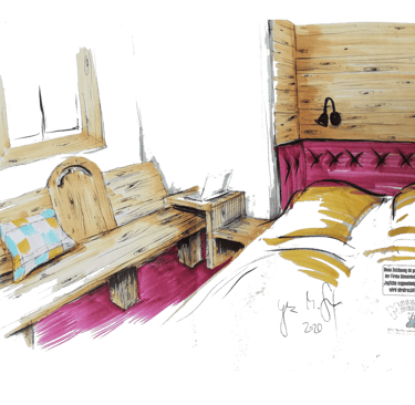 farbige Skizze eines Zimmerdesigns mit uriger Bank