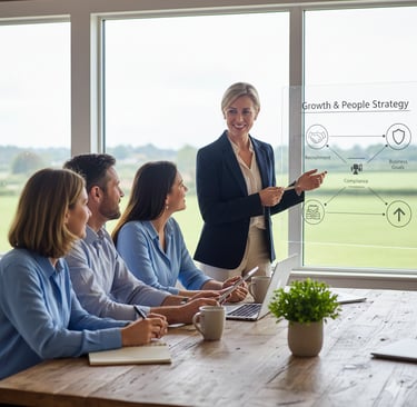 HR consultant presenting a fractional people strategy and recruitment plan to a small business team in a modern office.