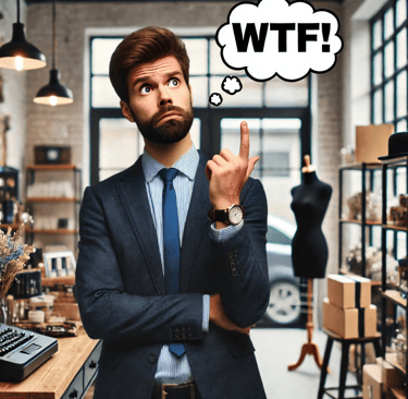 A business owner thinking WTF about marketing strategy.