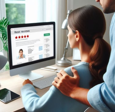 a man and woman looking at a computer screen