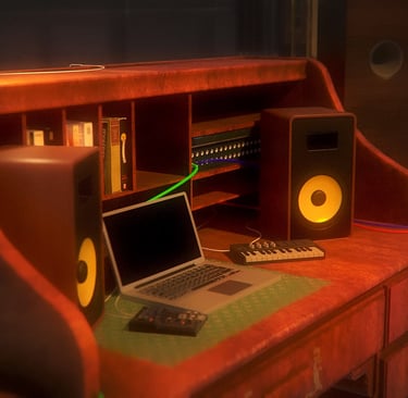 Escrivaninha com um notebook, monitores de áudio, mixer etc desenvolvida por Helldise Design