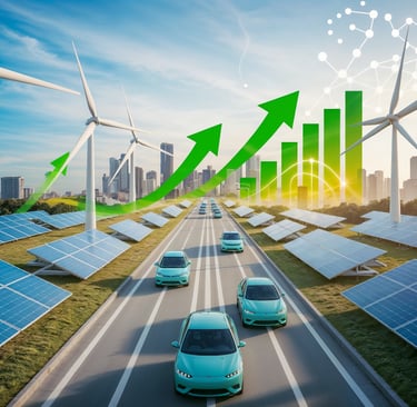 Futuristic city powered by renewable energy with wind turbines, solar panels, and electric vehicles,