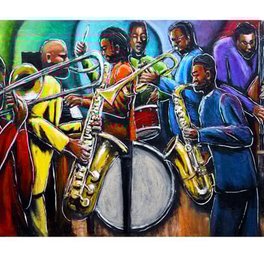 a painting of a jazz band playing instruments