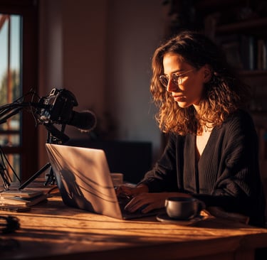 Woman with glasses working on a laptop.