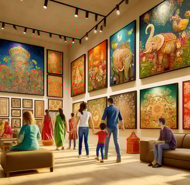 People observe colorful, intricate paintings in a well-lit art gallery. Several artworks feature animals and ornate designs.