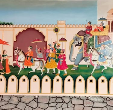 A colorful mural showcasing Indian individuals in traditional attire, enhancing the ambiance of the room