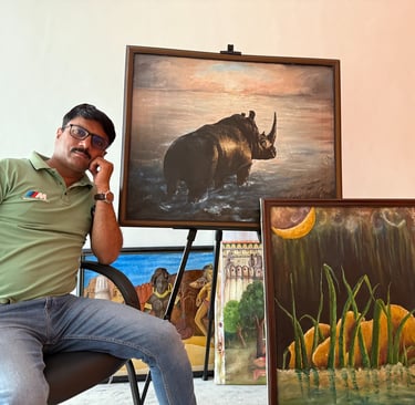 owner sitting on a chair with a paintings in background