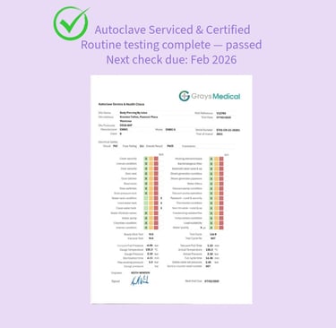 Autoclave Steriliser Service Report – routine test passed, next due Feb 2026