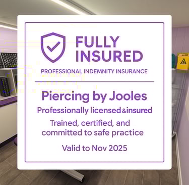 Professional indemnity insurance certificate for Piercing by Jooles Montrose, showing fully insured 
