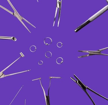 Titanium and surgical steel piercing jewellery displayed on a purple background at Piercing by Joole