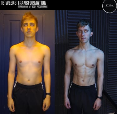 A man with his top off showing his before and after body transformation results