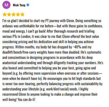 A google review for personal training in London England