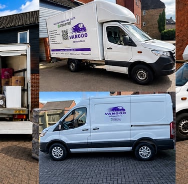 Professional house removals company Vanooo loading moving boxes into a white delivery van for a home relocation.