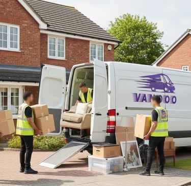 Professional movers carefully loading furniture and household boxes into a Vanooo removal.