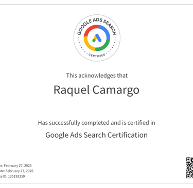 White picture with Google ads  bardge - aknowledges that raquel camargo is certified
